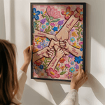 Personalised Oil Painting Style Flower Holding Hands Poster Painting Framed Painting with Name Home Decor Mother's Day Birthday Gift for Mom Grandma