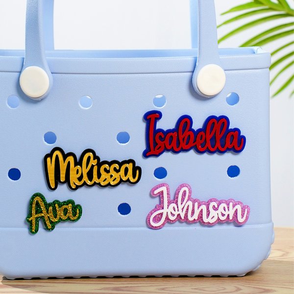 Personalized Multicolor Glitter Name Acrylic Bag Button Charm Accessories for Bogg Birthday Beach Party Summer Vacation Gift for Her