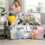 Personalised Floral Mom-Kid Bear Cozy Throw Blanket with Title and Text Home Decor Mother's Day Gift for Mom