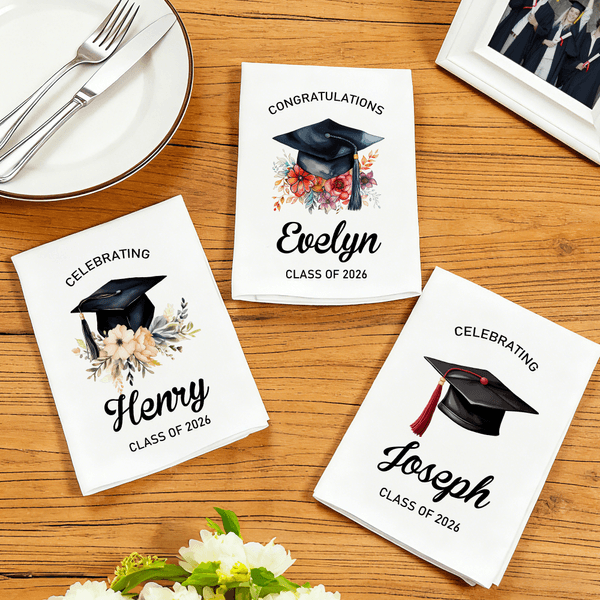 Serviette 100% coton avec nom et texte Décoration de table Cadeau de fin d'études pour les diplômés Famille Amis