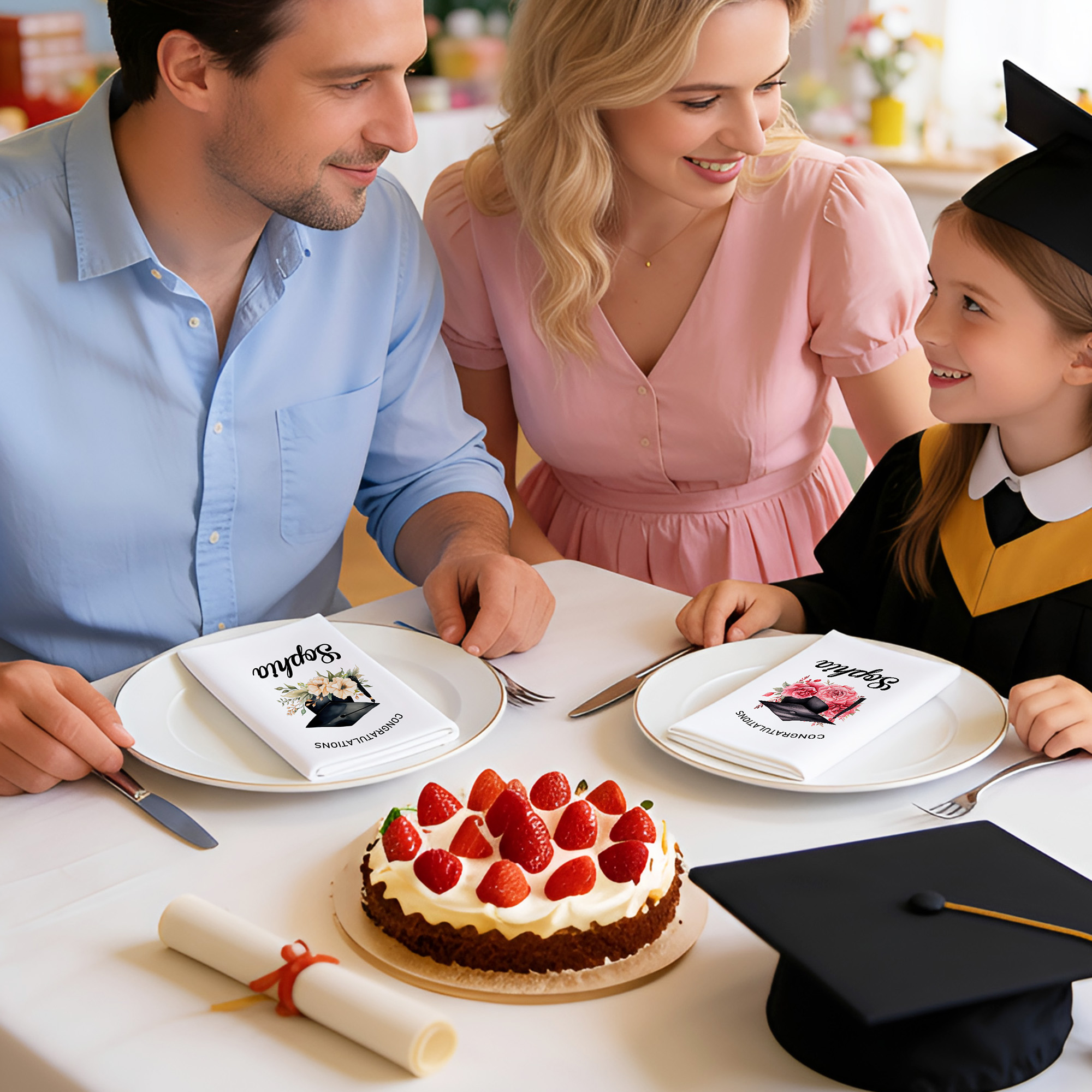 Gorro de Graduación Floral Personalizado Servilleta 100% Algodón con Nombre y Texto Decoración de Mesa Regalo de Graduación para Graduados Familiares Amigos