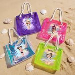 Personalised Cartoon Summer Shiny Trendy Girl Waterproof Clear Tote Bag with Name Pool Beach Party Birthday Gift for Her