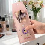 Personalised Cute Birth Flower Makeup Brush Bag with Name and 8 Pcs Makeup Brushes Travel Essentials Mother's Day Birthday Gift for Women
