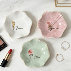 Acuarela Personalizada Flor de Nacimiento en forma de Pétalo Plato de Cerámica para Joyas con Nombre Uso Diario Cumpleaños Día de la Madre Regalo para su Mejor Amiga