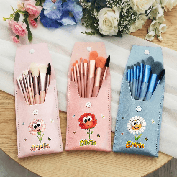 Personalised Cute Birth Flower Makeup Brush Bag with Name and 8 Pcs Makeup Brushes Travel Essentials Mother's Day Birthday Gift for Women