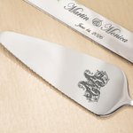Personalized Initial Cake Knife and Server Set with Name and Date Wedding Engagement Gift for Couple