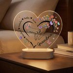 Personalised Flower Butterfly Heart-Shaped Acrylic LED Night Light with Names and Wooden Base Home Decor Mother's Day Gift for Mom Grandma
