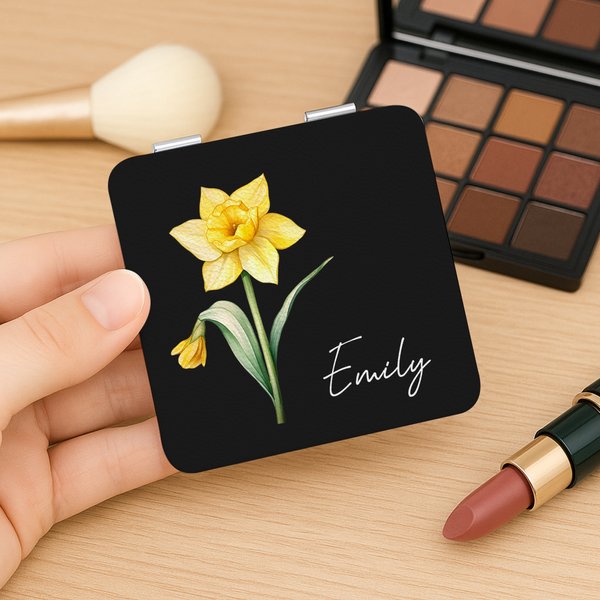 Personalised Birth Flower Compact Heart Round Square Makeup Mirror with Name Portable Birthday Wedding Party Gift for Women