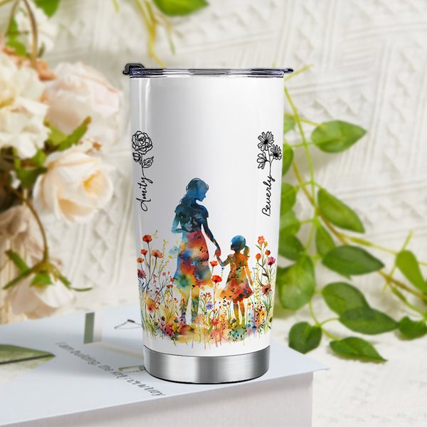 Personalizzato colorato mamma figlia Silhouette 20 oz Tumbler con nome e fiore di nascita Festa della mamma regalo di compleanno per la mamma nonna