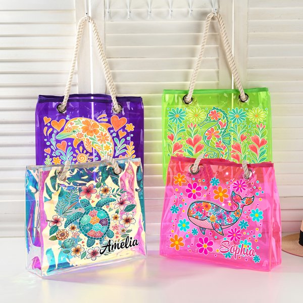 Personalised Marine Animals Flowers Waterproof Holographic Clear Tote Bag with Name Beach Accessories Birthday Anniversary Gift for Women