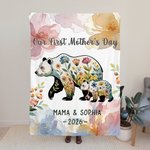 Personalised Floral Mom-Kid Bear Cozy Throw Blanket with Title and Text Home Decor Mother's Day Gift for Mom