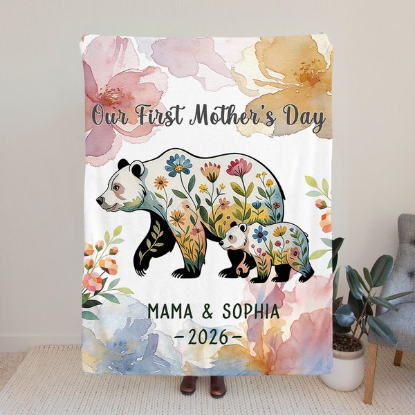Personalised Floral Mom-Kid Bear Cozy Throw Blanket with Title and Text Home Decor Mother's Day Gift for Mom