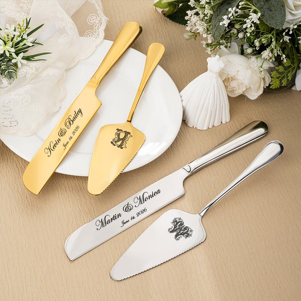 Personalized Initial Cake Knife and Server Set with Name and Date Wedding Engagement Gift for Couple