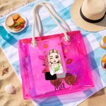 Personalised Cartoon Fashion Lipstick Girl Large Holographic Clear Tote Bag with Name Beach Travel Party Bridal Shower Birthday Gift for Women Girls