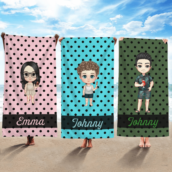 Henkilökohtainen sarjakuvahahmo Dot Quick Dry ylisuuri rantapyyhe nimellä Travel Essentials Beach Party syntymäpäivälahja perheelle naisille