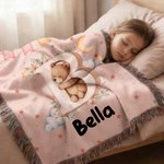 Personalized Cartoon Animal Initial Multicolor Tassel Soft Throw Blanket with Name Daily Use Home Decor Birthday Gift for Kids Boys Girls