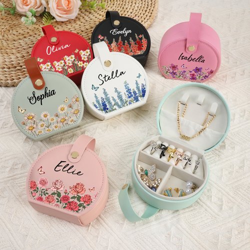 Boîte de Bijoux Personnalisée avec Fleur de Naissance et Nom Miroir de Maquillage LED Style