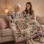 Personalized 13 Photos Collage Heart Soft Tassel Blanket with Name and Title Home Decor Mother's Day Gift for Mom Grandma