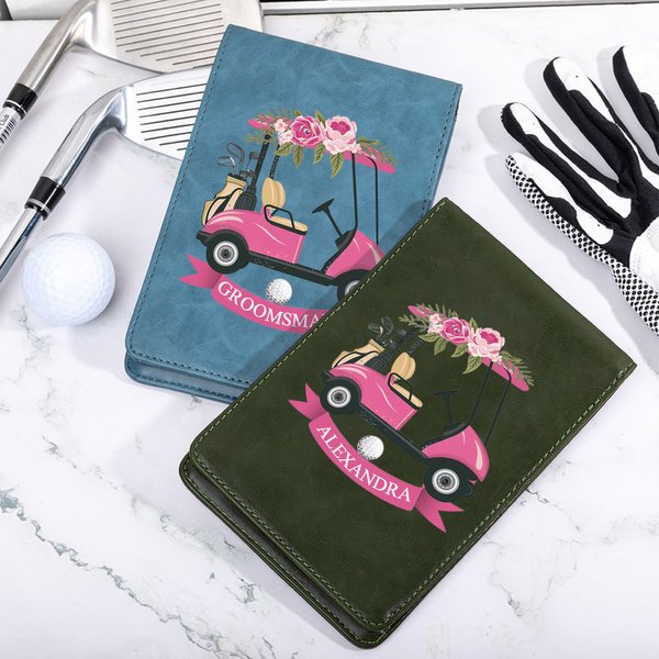 Personalized Pink Floral Golf Cart Design Leather Golf Scorecard Holder with Name and Pencil Loop Portable Golf Accessories Gift for Golf Lover Coach