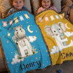 Personalized Cartoon Animal Initial Multicolor Tassel Soft Throw Blanket with Name Daily Use Home Decor Birthday Gift for Kids Boys Girls