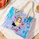 Personalised Cartoon Fashion Lipstick Girl Large Holographic Clear Tote Bag with Name Beach Travel Party Bridal Shower Birthday Gift for Women Girls