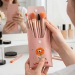Personalised Cute Birth Flower Makeup Brush Bag with Name and 8 Pcs Makeup Brushes Travel Essentials Mother's Day Birthday Gift for Women