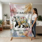 Personalised Floral Mom-Kid Bear Cozy Throw Blanket with Title and Text Home Decor Mother's Day Gift for Mom