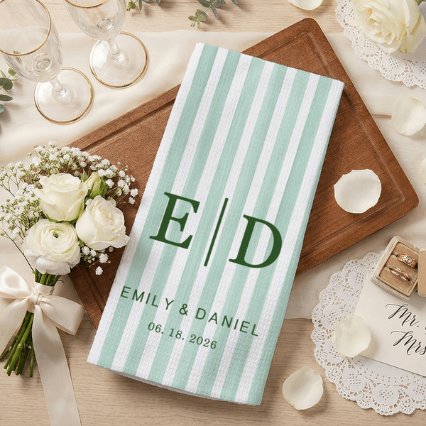 Personalized Multicolor Striped Waffle Tea Towel with Initial Text and Date Wedding Bridal Shower Gift for Her