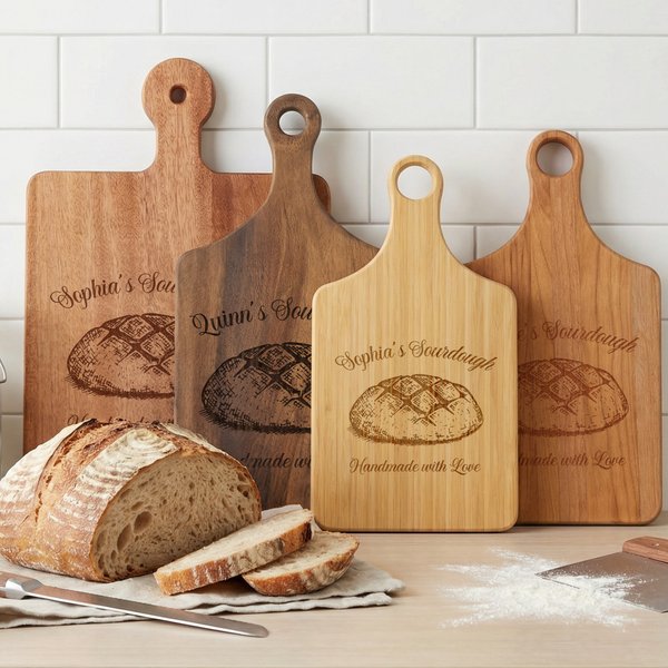 Personalized Exquisite Sourdough Cutting Board with Paddle Handle and Name Made in USA Housewarming Mother's Day Gift for Bakers Sourdough Enthusiasts