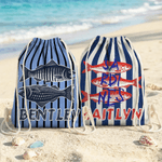 Personalised Flounder Sardine Stripe Design Oversized Quick-Dry Beach Towel with Name and Drawing Backpack Beach Party Birthday Gift for Fishing Lover