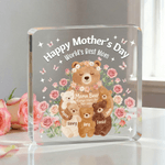 Personalisierte Aquarell Eltern Kind Bär Floral Quadrat Acryl Plaque mit 1-5 Namen Muttertag Geschenk für Mama Oma