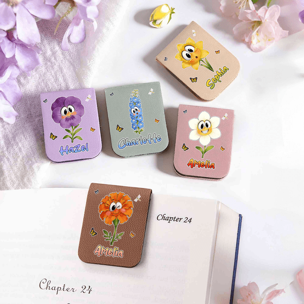 Marque-page magnétique en cuir PU avec nom, fleur de naissance, papillon, cadeau de rentrée scolaire personnalisé pour les enfants et les femmes