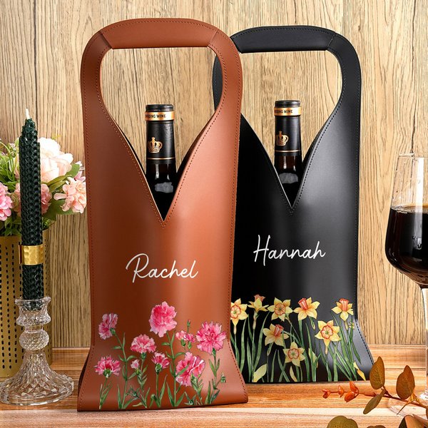 Personalised Watercolour Birth Flower PU Leather Wine Bag with Name Mother's Day Birthday Anniversary Gift for Wine Lovers
