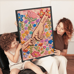 Personalised Oil Painting Style Flower Holding Hands Poster Painting Framed Painting with Name Home Decor Mother's Day Birthday Gift for Mom Grandma