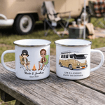 Personalized Campervan Tent Cartoon Character 12 oz Enamel Mug with Name Travel Birthday Gift for Friend Family