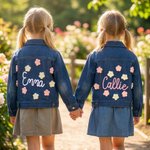 Personalised Cute Flowers Kid Long Denim Jacket with Name Daily Life Outfit Birthday Baby Shower Gift for Girls
