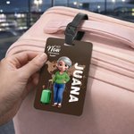 Que comience la aventura - Etiqueta de equipaje personalizada con personaje de dibujos animados y nombre regalo de cumpleaños para él y ella