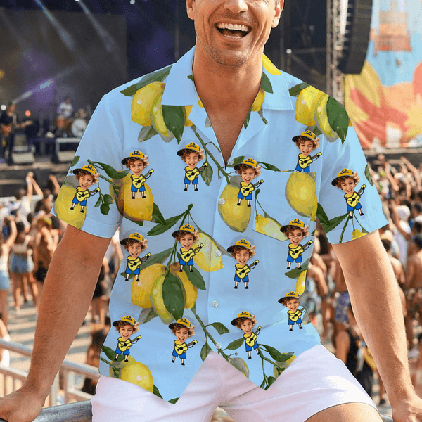 Personalized Hawaiian Style Lemon Theme Face Photo Soft Shirt Beach Party Vacation Birthday Gift for Friends Family Travel Lovers