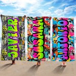 Toalla de playa personalizada de secado rápido diseño de grafiti con nombre para fiestas en la playa o viaje regalo de cumpleaños para niños y familia