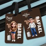Que comience la aventura - Etiqueta de equipaje personalizada con personaje de dibujos animados y nombre regalo de cumpleaños para él y ella