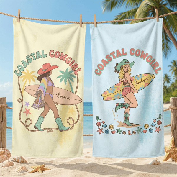 Personalizzato Playful Beach Babe Asciugamano da spiaggia sovradimensionato ad asciugatura rapida con nome Regalo di festa in spiaggia per donna cowgirl