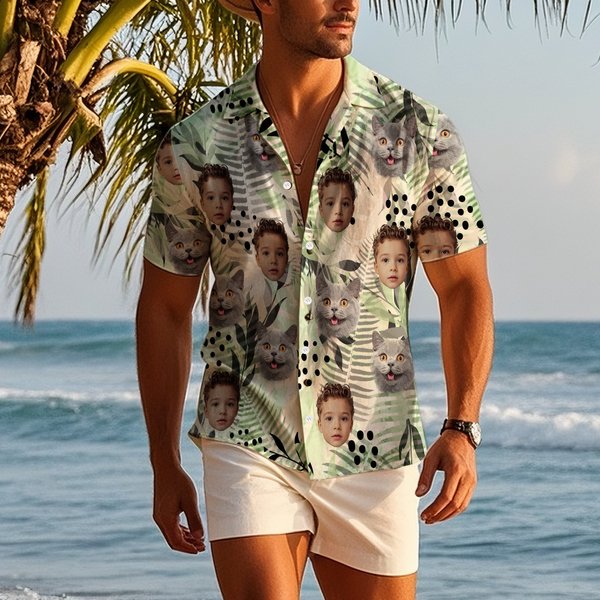 Personlig tropisk palme 1-2 ansiktsbilder design hawaiisk kortermet skjorte morsom sommerstrandfest bursdagsgave til menn