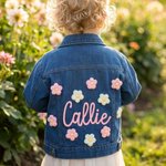Personalised Cute Flowers Kid Long Denim Jacket with Name Daily Life Outfit Birthday Baby Shower Gift for Girls