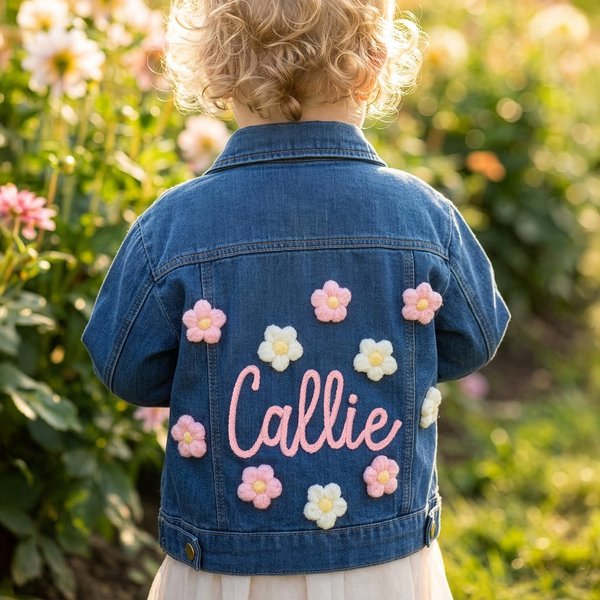 Personalised Cute Flowers Kid Long Denim Jacket with Name Daily Life Outfit Birthday Baby Shower Gift for Girls