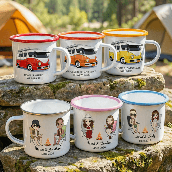 Personalized Campervan Tent Cartoon Character 12 oz Enamel Mug with Name Travel Birthday Gift for Friend Family