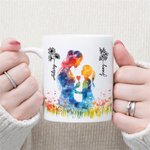 Personalized Watercolour Mom-Daughter Silhouette  Birth Flower 11 oz Ceramic Mug with Name Daily Use Mother's Day Gift for Mom Grandma