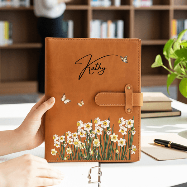 Personalised Birth Flower PU Leather A5 Notebook Cover with Name Daily Travel Use Birthday Mother's Day Gift for Women Writers Artists