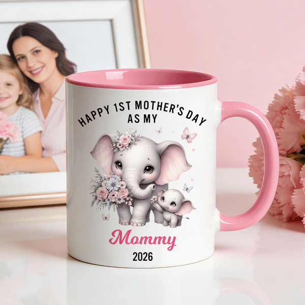Personalized Cute Elephant Ceramic Mug with Name and Text 1st Mother's Day Anniversary Gift for Moms