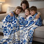 Personalized Toile De Jouy Holding Hands Soft Throw Blanket with Names Home Decor Mother's Day Gift for Mom Grandma