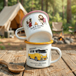 Personalized Campervan Tent Cartoon Character 12 oz Enamel Mug with Name Travel Birthday Gift for Friend Family